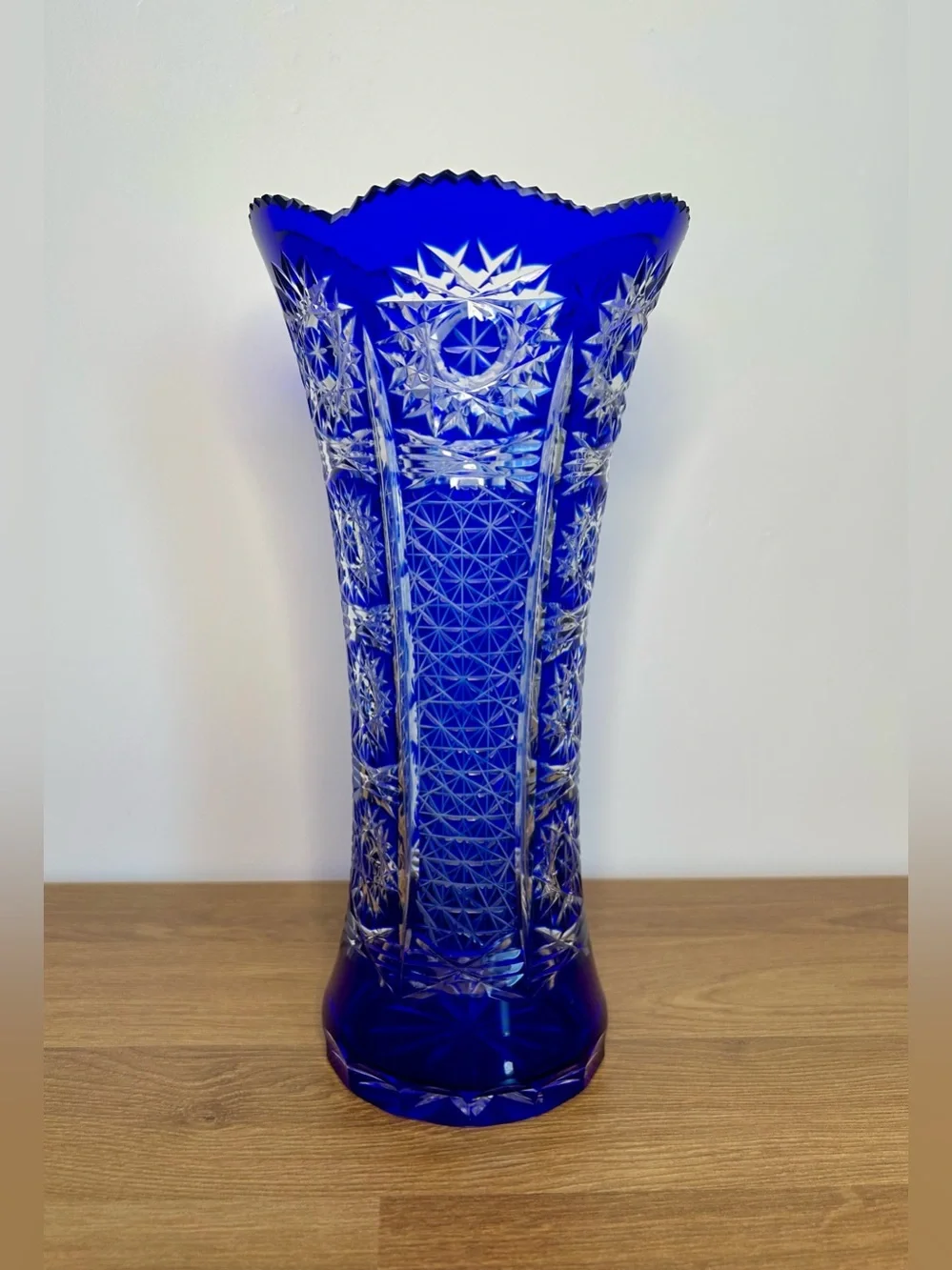 Bohemian Cobalt Blue Cut Crystal Trumpet Vase | Hand-Cut Czech Glass Mid-Century